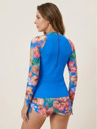 Tropical print rash guard set with long-sleeve top and boy-cut swim shorts