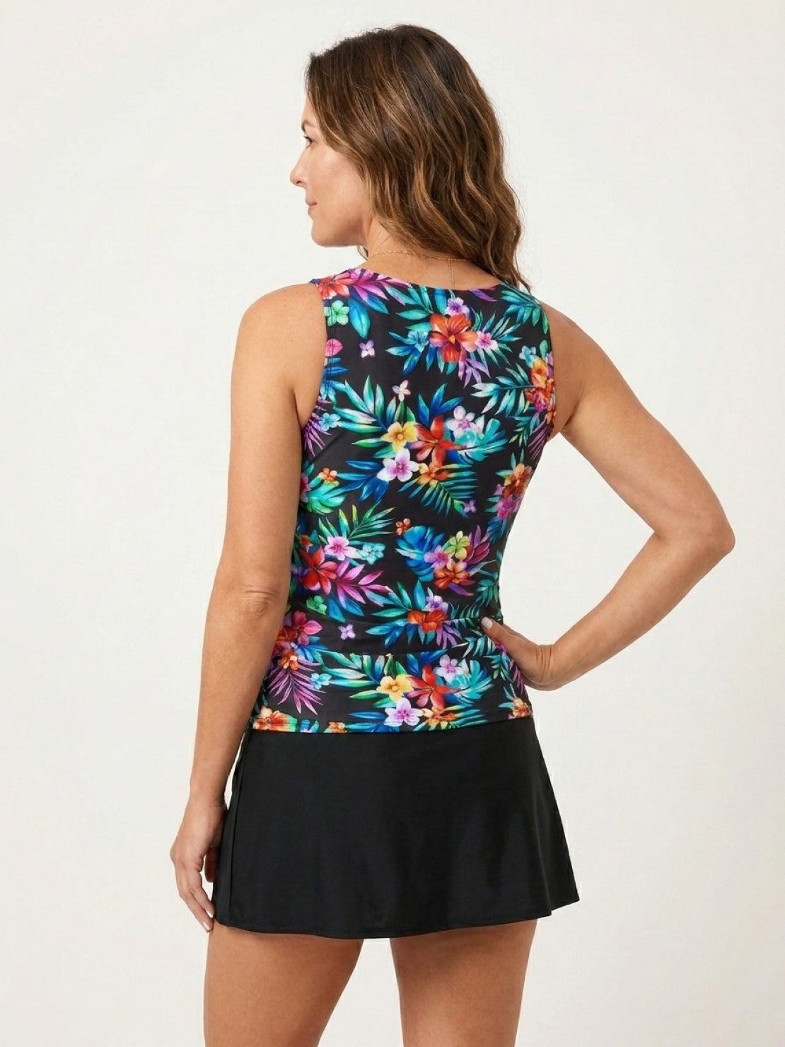 High-neck ruched tankini set with blousy top and soft built-in brief in swim skirt or shorts style