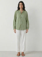 Oversized linen-cotton blouse with batwing sleeves and mandarin collar