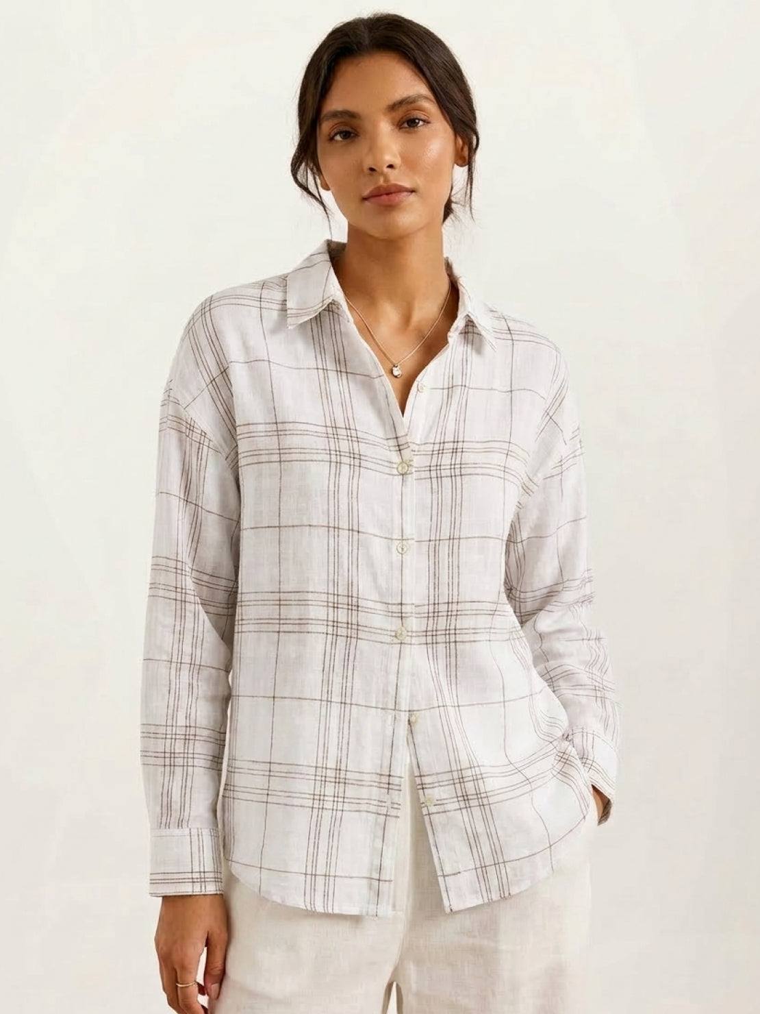 Semi-sheer 100% cotton plaid shirt with relaxed fit and mother-of-pearl buttons