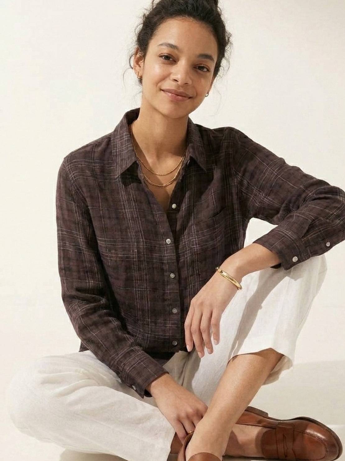 Lightweight 100% cotton sheer plaid shirt with relaxed drop-shoulder fit and mother-of-pearl buttons