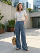 wide palazzo pure linen yarn-dyed long pants with high-rise waist and natural slub texture
