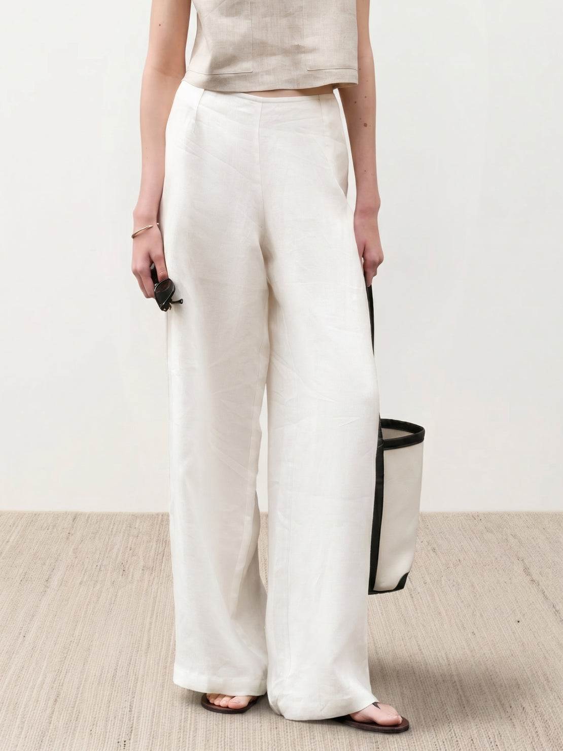 Pure linen yarn-dyed wide palazzo long pants with high-rise elastic waist and natural slub texture