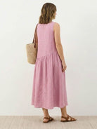 Cotton-linen summer midi dress with tiered skirt and relaxed drop-waist silhouette in lightweight fabric