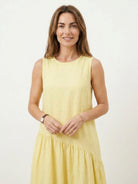 Lightweight cotton-linen summer midi dress with tiered skirt and relaxed drop-waist silhouette