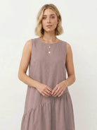 Lightweight cotton-linen summer midi dress with tiered skirt and relaxed drop-waist silhouette