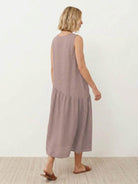 Lightweight cotton-linen summer midi dress with tiered skirt and relaxed drop-waist silhouette
