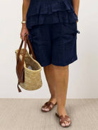 Cotton relaxed shorts and ruffle-detail matching top two-piece co-ord set in soft linen-look fabric