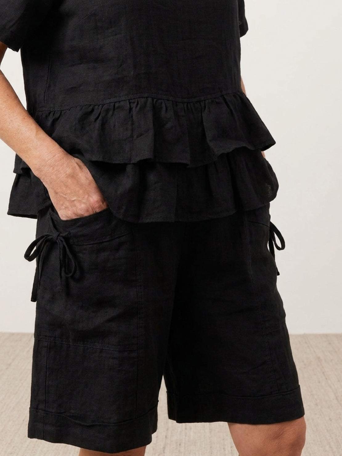 Cotton relaxed shorts and matching ruffle-detail top two-piece summer co-ord set in various colors