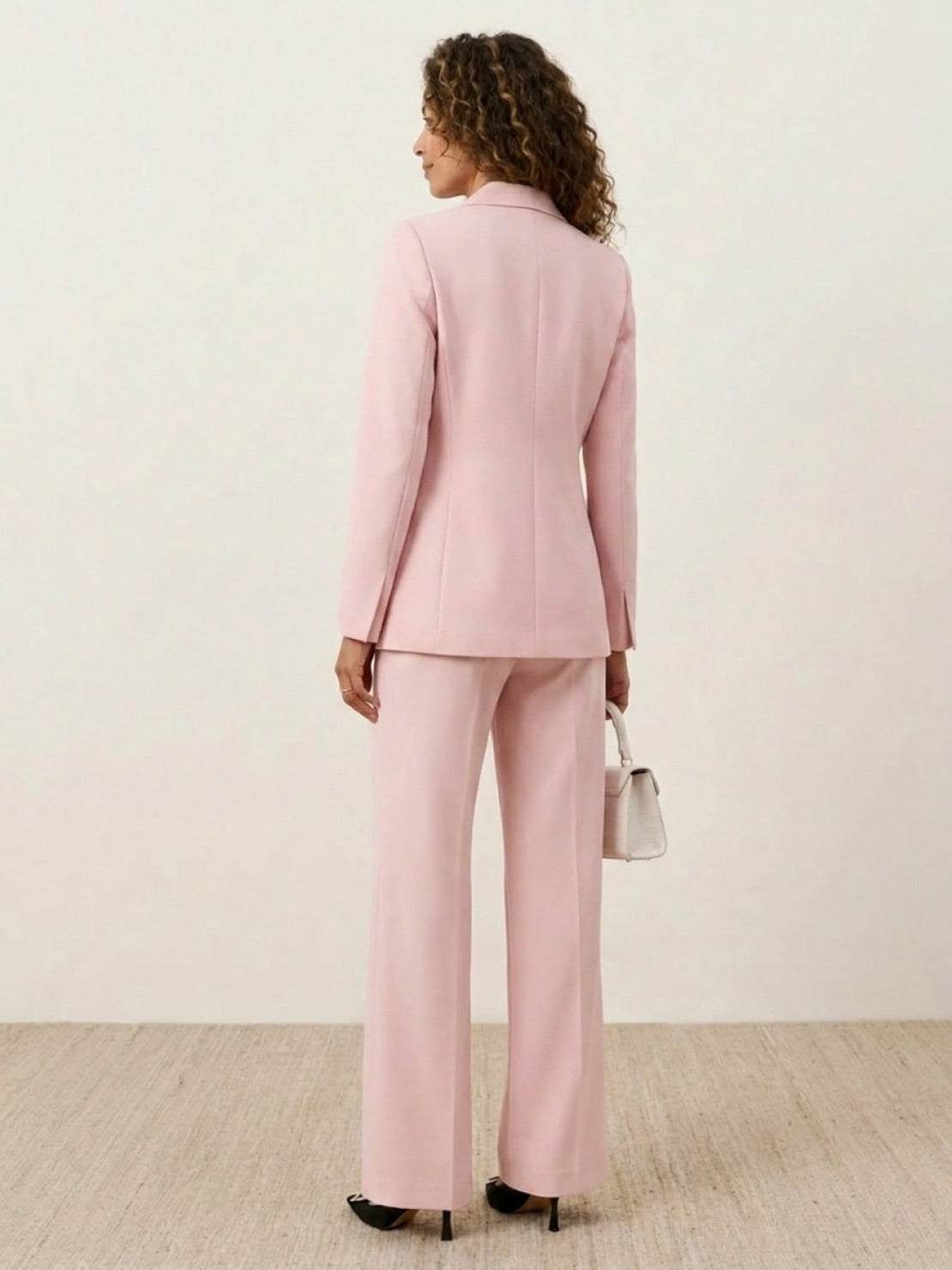 Double-breasted blazer and wide-leg trousers co-ord set with gold lion-head buttons and notched lapel
