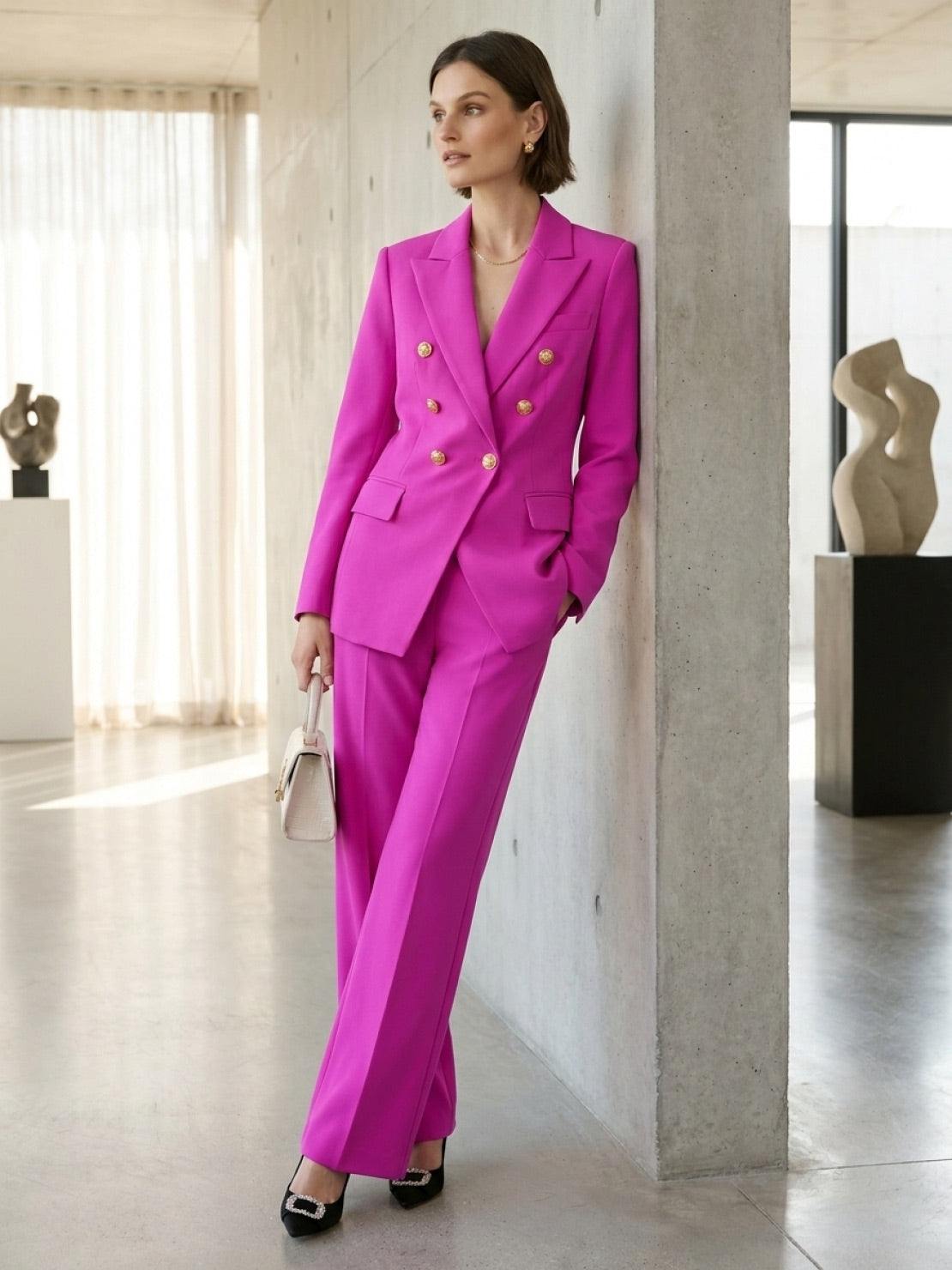 Double-breasted blazer with gold lion-head buttons and wide-leg trousers co-ord set in structured suiting fabric