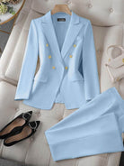 Double-breasted blazer and wide-leg trousers co-ord with gold lion-head buttons and notched lapel