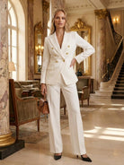 Double-breasted blazer and wide-leg trousers co-ord set with gold lion-head buttons and structured suiting fabric
