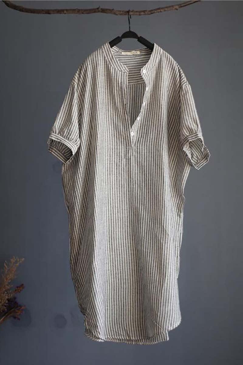 striped linen blend gauze midi shirt dress with short sleeves and button fastening