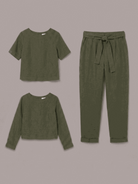 Cotton-linen two-piece set with relaxed short-sleeve top and straight-leg pants in soft breathable fabric