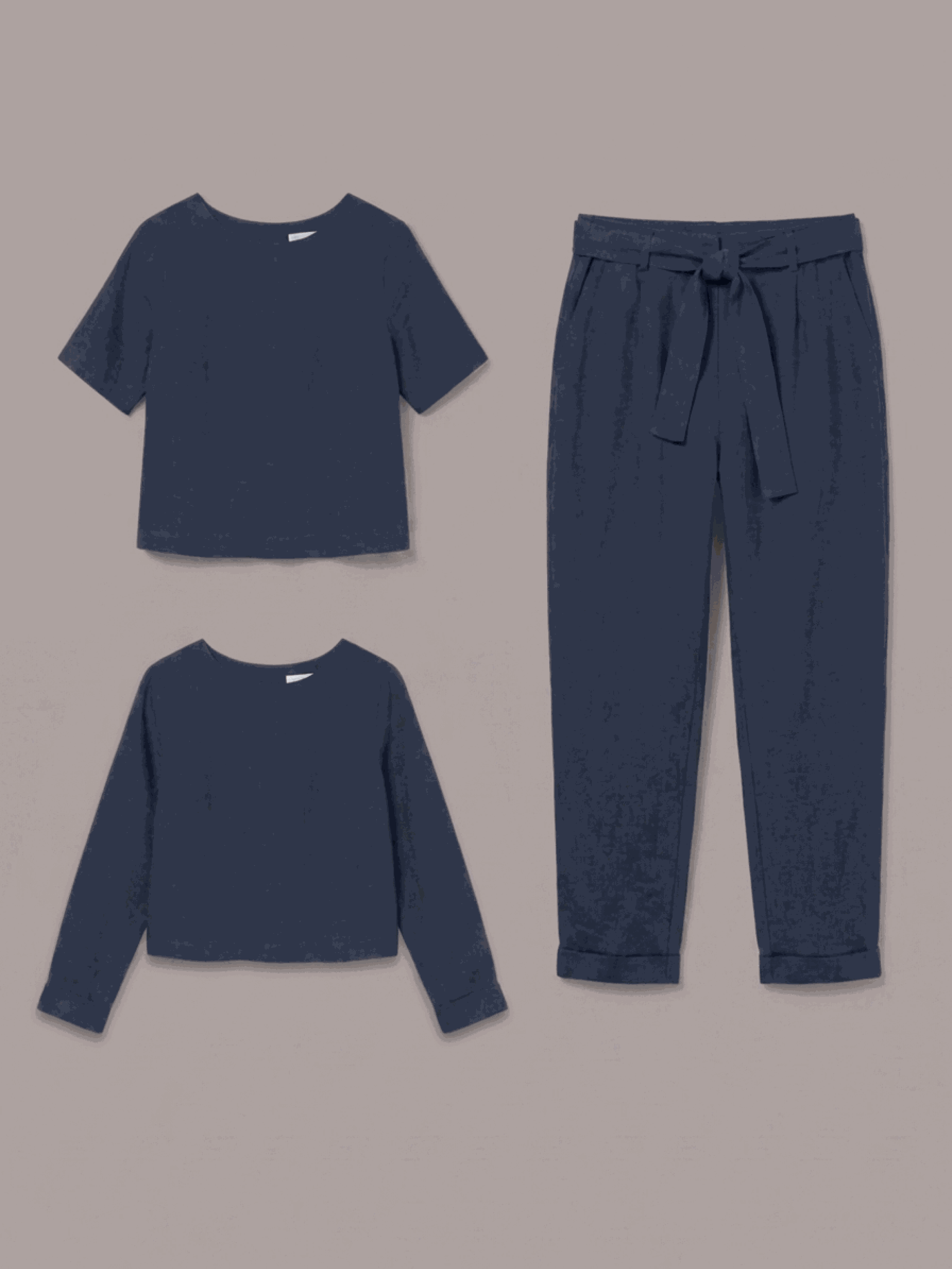 Cotton-linen three-piece set with relaxed top and straight-leg pants in monochrome tones