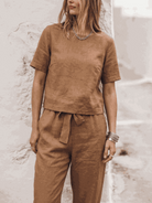 Women's relaxed cotton-linen short-sleeve top and straight-leg pants set in neutral monochrome tones