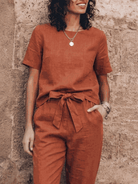 Cotton-linen set two-piece outfit with relaxed short-sleeve top and straight-leg pants in soft breathable fabric