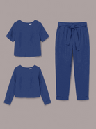 cotton-linen set three-piece capsule outfit with relaxed short-sleeve top and straight-leg pants in monochrome breathable fabric