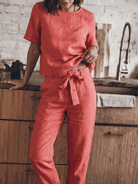 Cotton-linen set in soft breathable fabric with relaxed short-sleeve top and straight-leg pants in monochrome tones