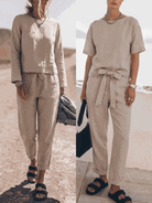 Cotton-linen three-piece monochrome set with relaxed short-sleeve top and straight-leg pants in breathable fabric