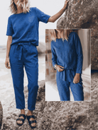 Cotton-linen set with relaxed short-sleeve top and straight-leg pants in soft breathable fabric