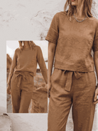 Woman wearing relaxed cotton-linen set with short-sleeve top and straight-leg pants in neutral tones
