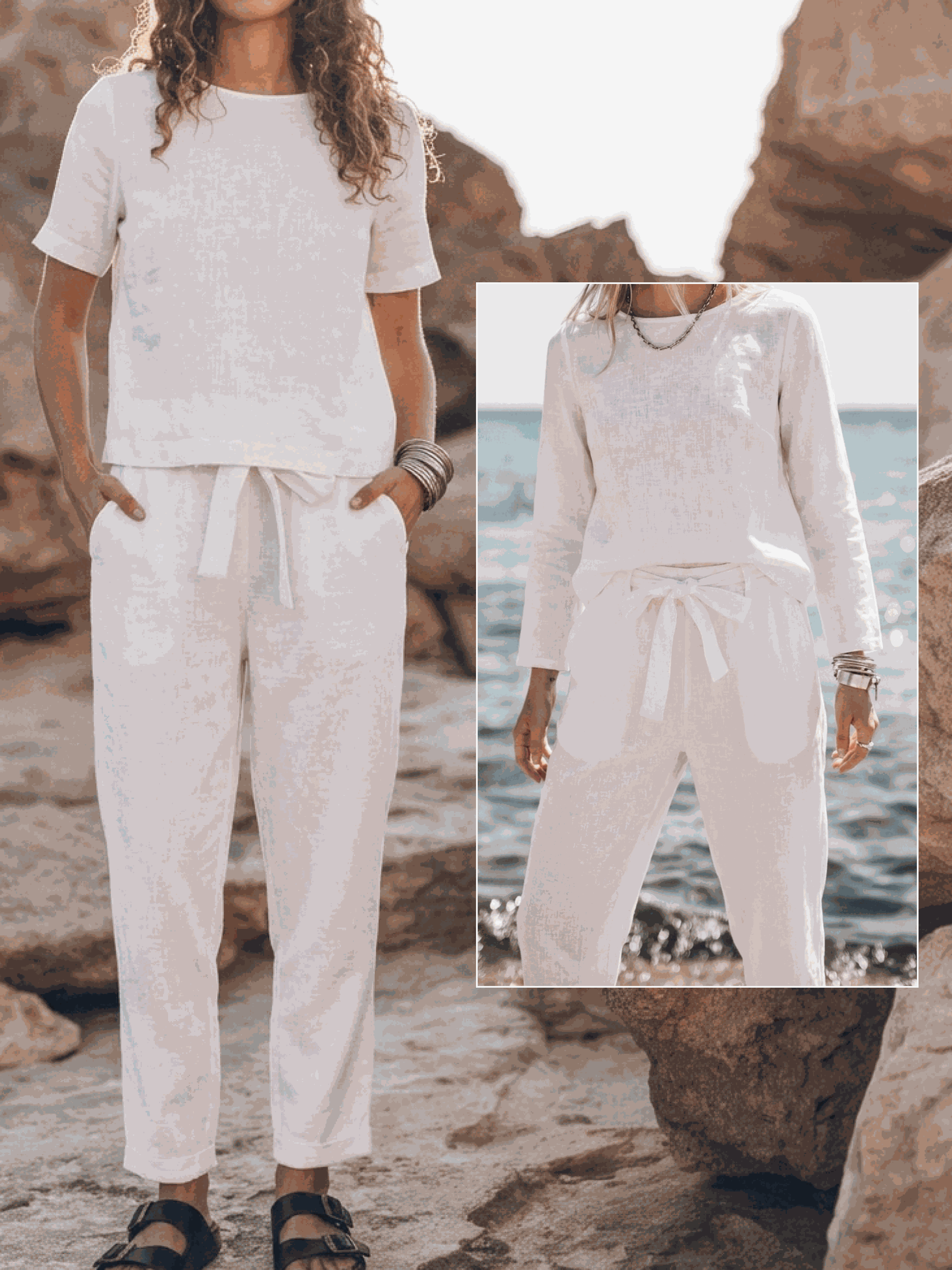 Three-piece cotton-linen set featuring a relaxed short-sleeve top and straight-leg pants in a breathable monochrome fabric