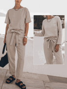 Three-piece cotton-linen set with relaxed short-sleeve top and straight-leg pants in a breathable monochrome blend