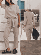 woman wearing relaxed cotton-linen set with short sleeves and straight-leg pants in monochrome
