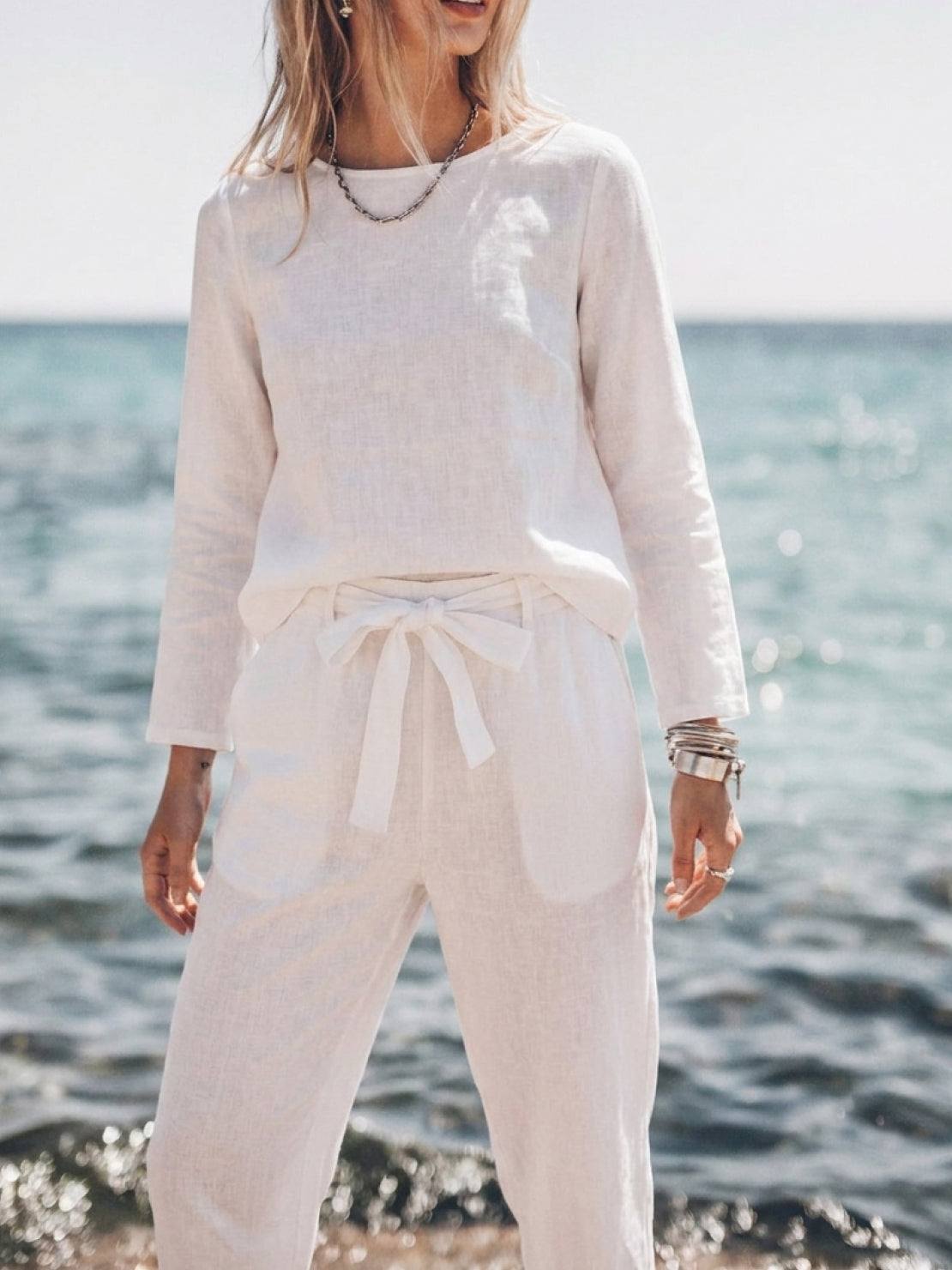 woman wearing cotton-linen monochrome longline top and wide-leg pants set