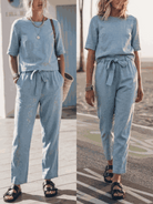 Breathable cotton-linen set with relaxed short-sleeve top and straight-leg pants in monochrome tones