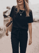 Cotton-Linen Set relaxed two-piece breathable cotton-linen blend monochrome outfit with short-sleeve top and straight-leg pants