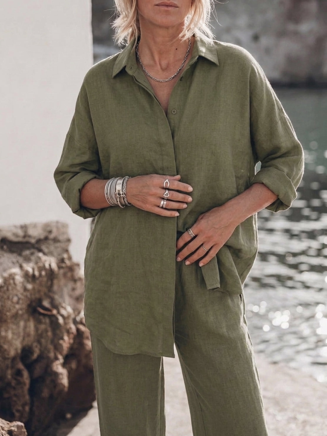 Woman wearing oversized 100% cotton shirt and wide-leg pants co-ord set in relaxed fit