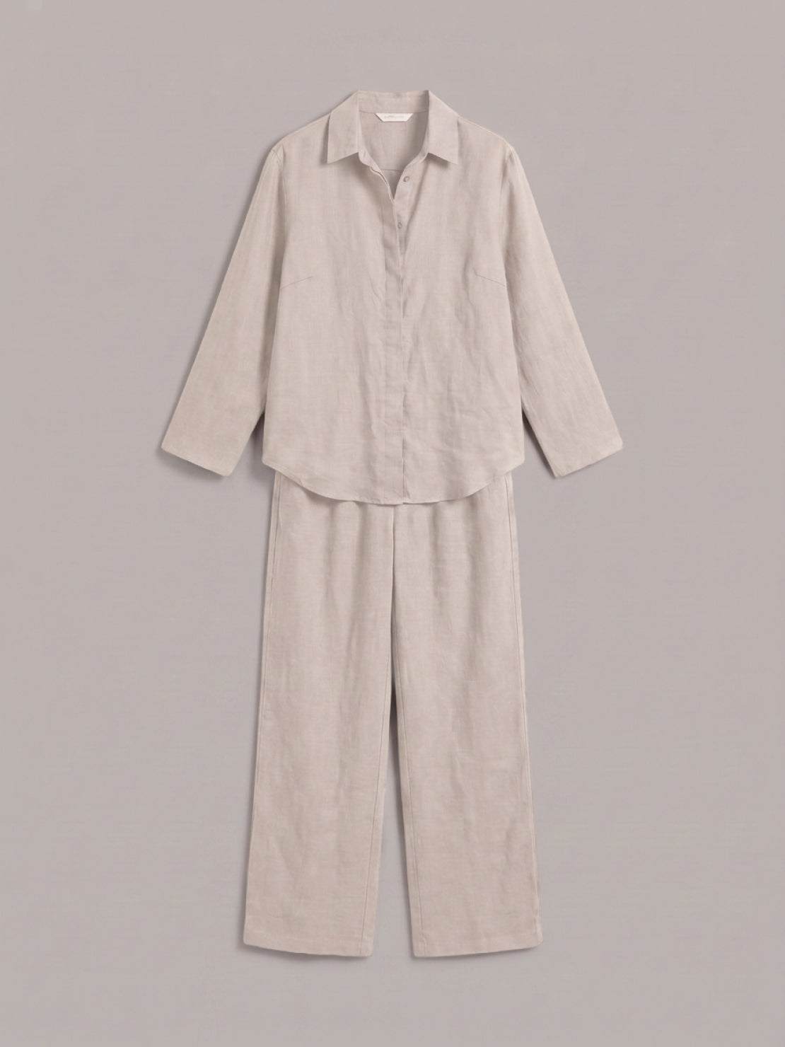 Woman modeling oversized 100% cotton shirt and wide-leg pants co-ord set in relaxed style