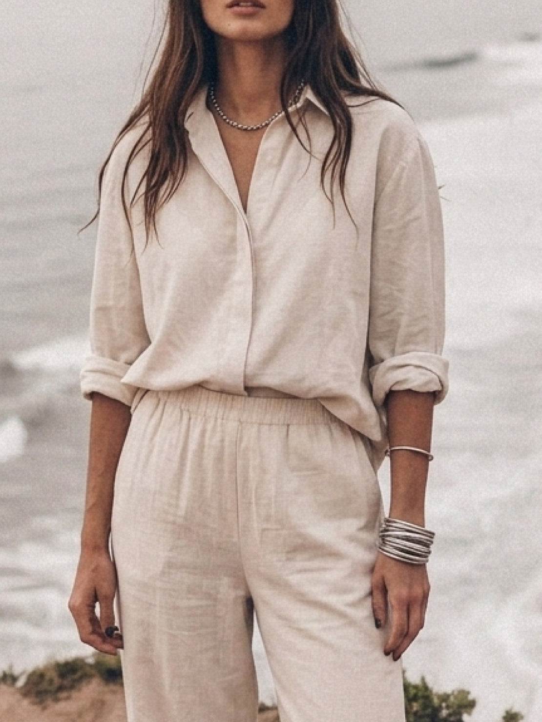 Woman wearing oversized 100% cotton shirt and wide-leg pants co-ord set in relaxed fit