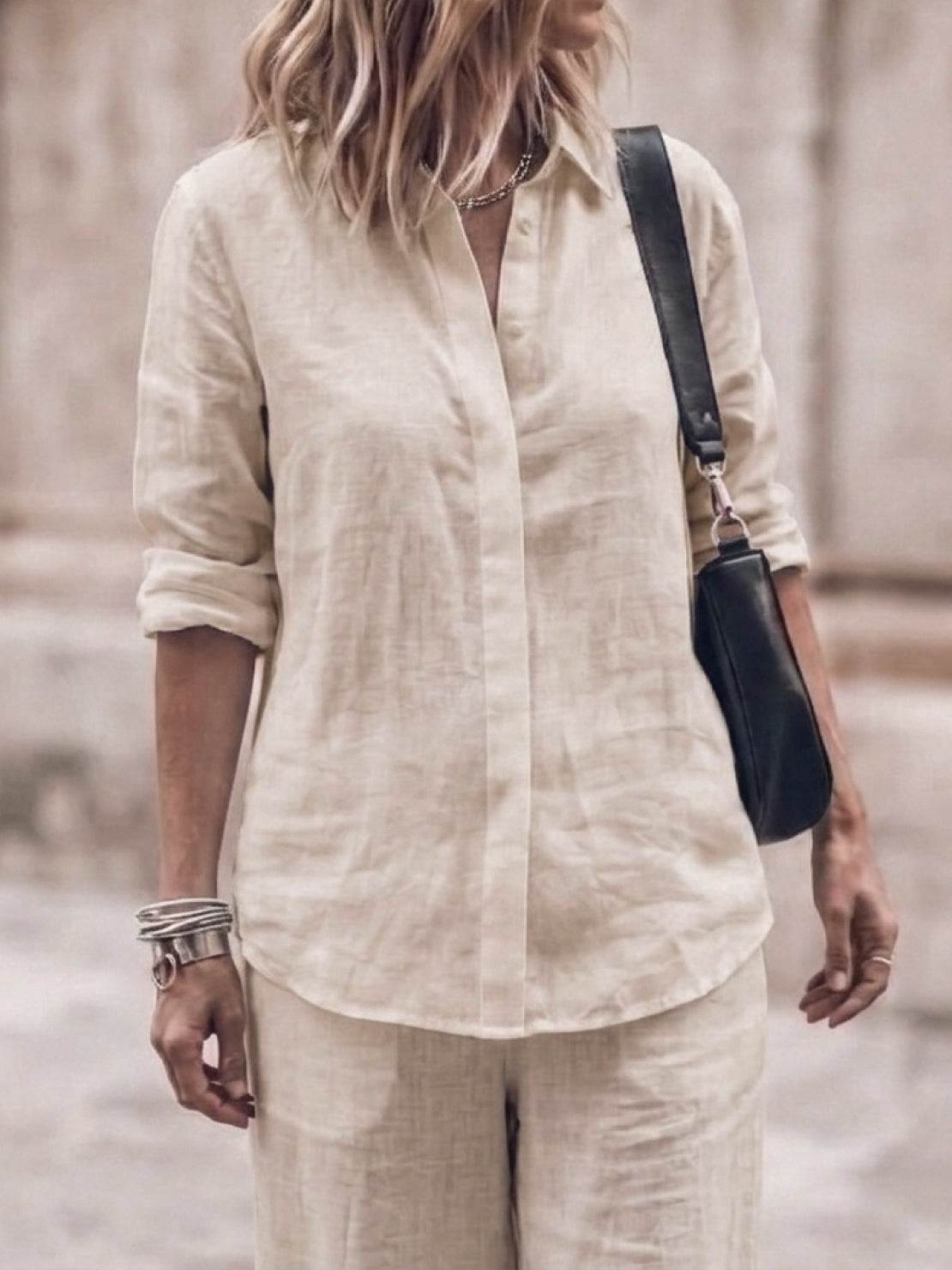 woman wearing oversized 100% cotton shirt and wide-leg pants co-ord set