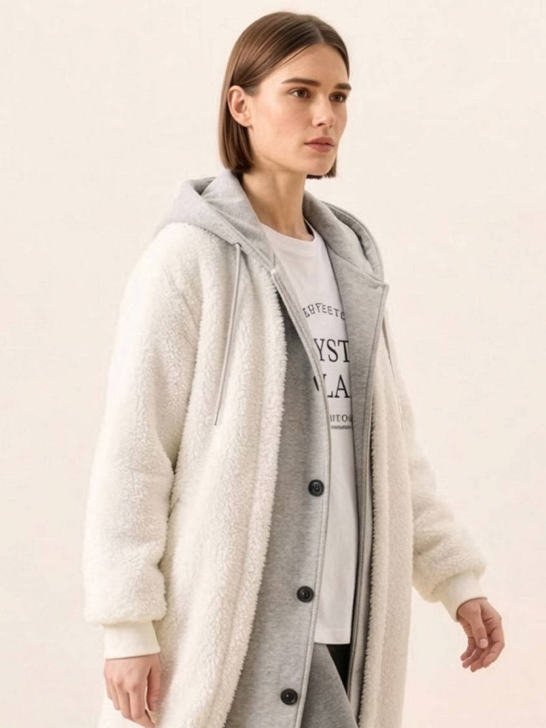 Woman wearing white oversized sherpa long coat with cozy lining and casual outfit underneath, everyday wear oversized coat style