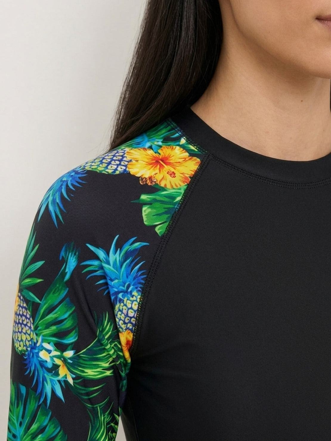 Women's swim shorts rash guard set with long raglan sleeves and matching boyshort bottoms