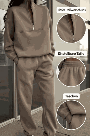 Classic Airplane Set brown two-piece cotton blend tracksuit with high collar zipper, adjustable waist joggers, and pockets