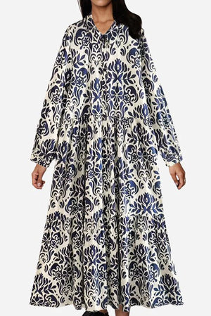 Blue Floral Lantern Sleeves Midi Dress