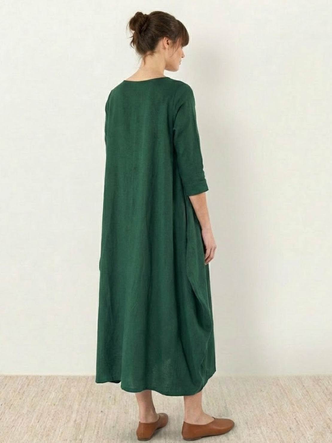 Bohemian maxi dress in loose fit linen blend with long sleeves and floor length, available in plus sizes