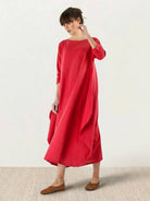 Bohemian maxi dress in oversized linen blend with long sleeves and loose fit