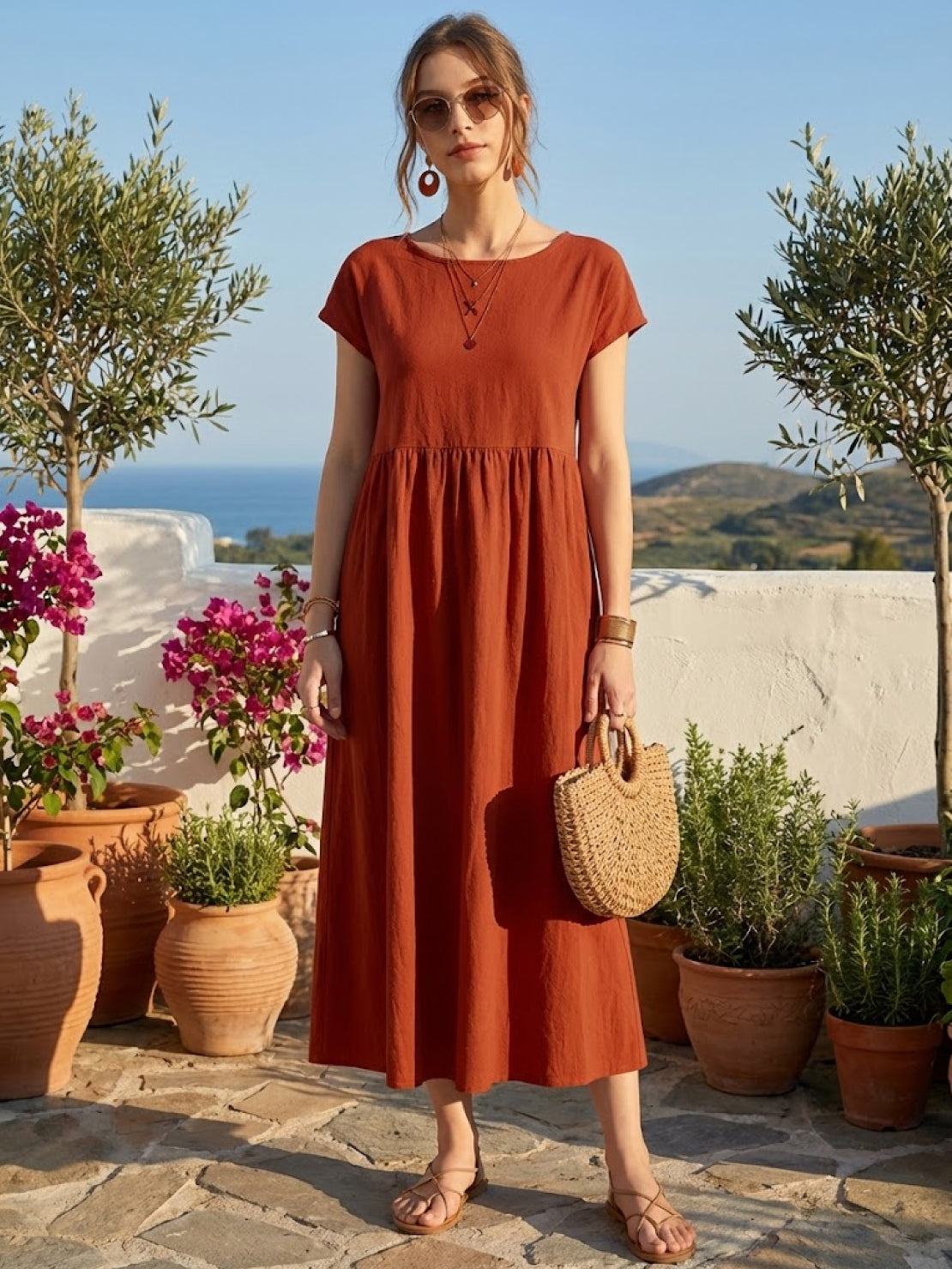 Woman wearing a capped-sleeve voluminous pleated midi dress with flowing fabric and pockets