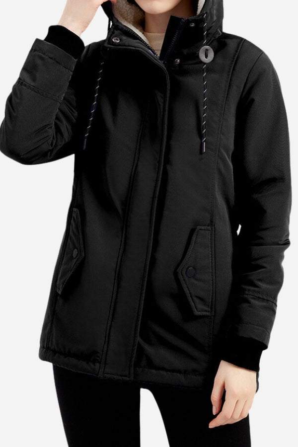Black casual hooded velvet coat with adjustable rope hood, hidden elastic rib cuffs, and front button pockets designed for windproof and water-resistant comfort.