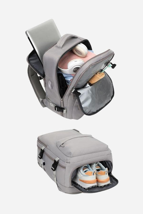 Chic Wanderlust Waterproof Backpack in gray with multiple compartments, padded laptop sleeve, and separate shoe storage.