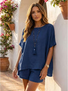 Comfy linen-like shirt and shorts two-piece set in light breathable fabric for casual and versatile wear
