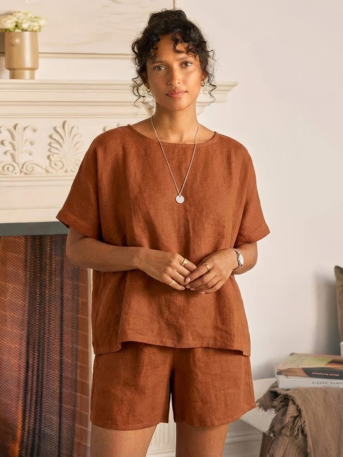 Comfy linen-like shirt and shorts two-piece set in breathable, lightweight fabric for casual and versatile wear