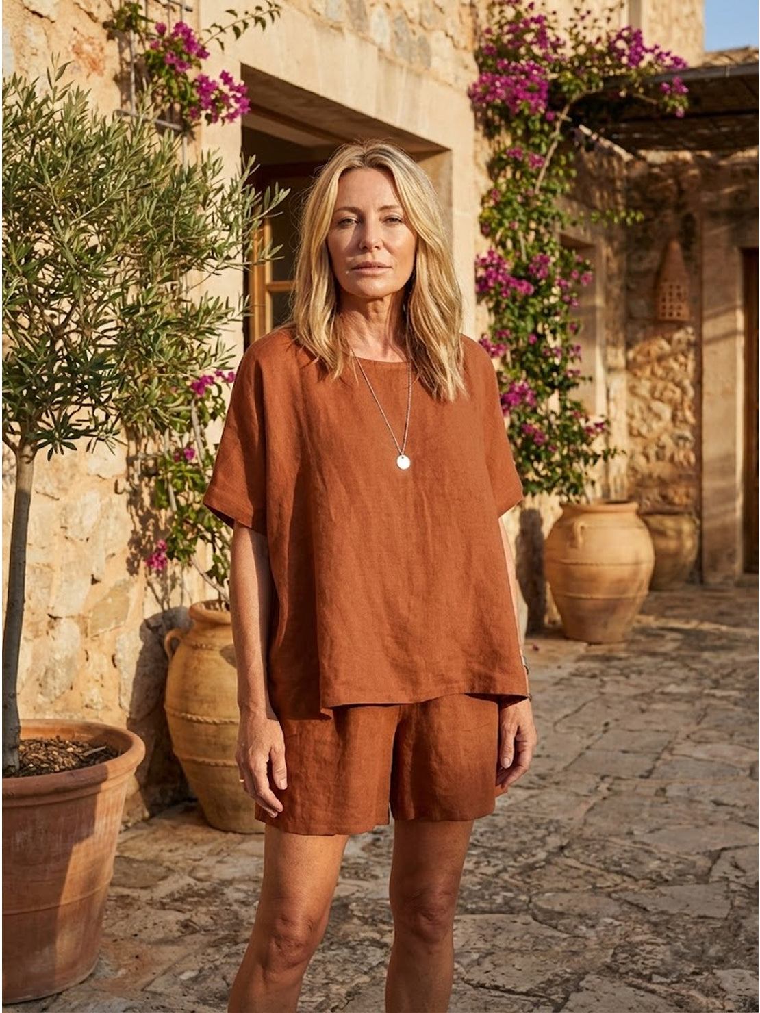 Comfy linen-like shirt and shorts two-piece set in breathable fabric for casual and versatile summer style