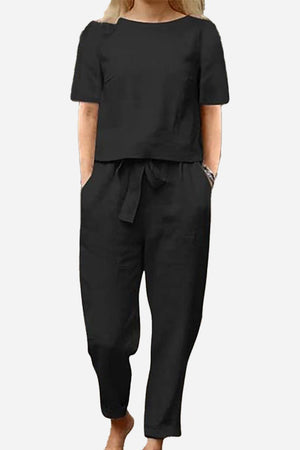 Black cotton-linen blend monochrome two-piece set with short-sleeve top and relaxed fit pants